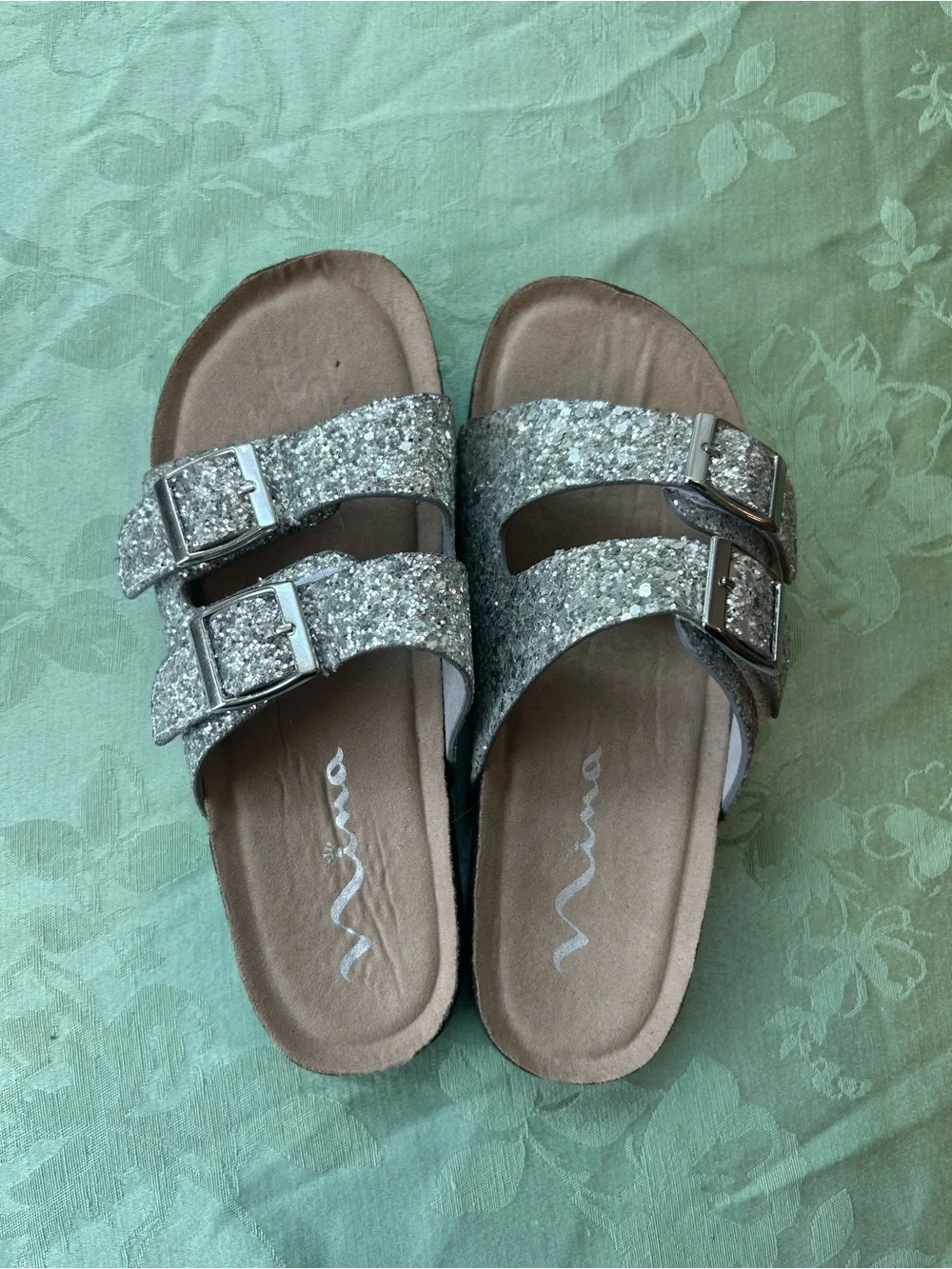 Nina Silver Glitter Double-Buckle Girls' Slide Sandals